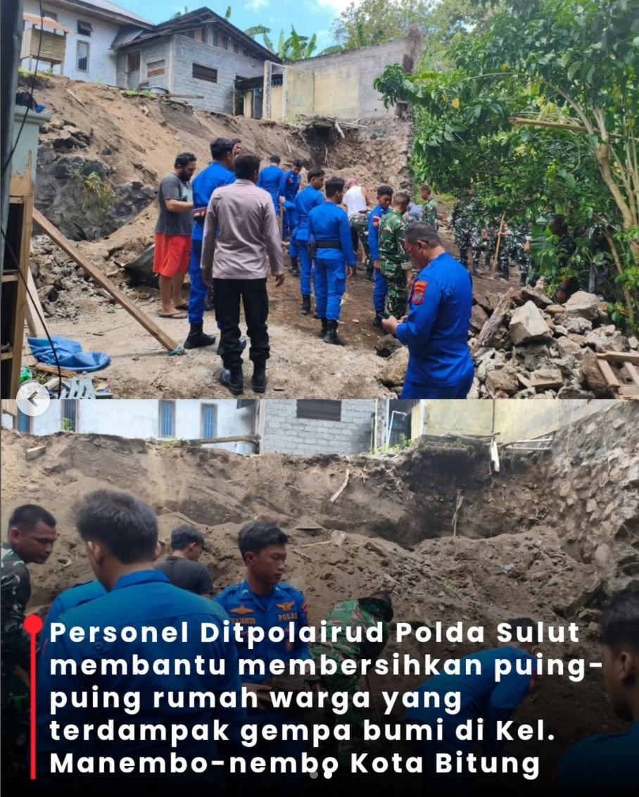 Personil Ditpolairud Polda Sulut Gerak Cepat Evakuasi Material Rumah Warga Roboh Pasca Gempa Bumi
